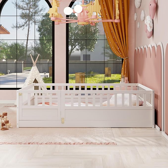 KEIKI Full Kids Floor Bed, Montessori Kids Floor Bedframe with Fence & Door, Children's Wood Bed for Living Room, White
