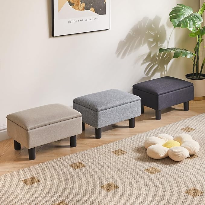 IBUYKE Storage Ottoman Footrest Stool with Linen Fabric, Rectangular, Flip Top Lid, Non-Slip Feet, Compact Design, Stylish and Functional, Gray Blue RF-BD224