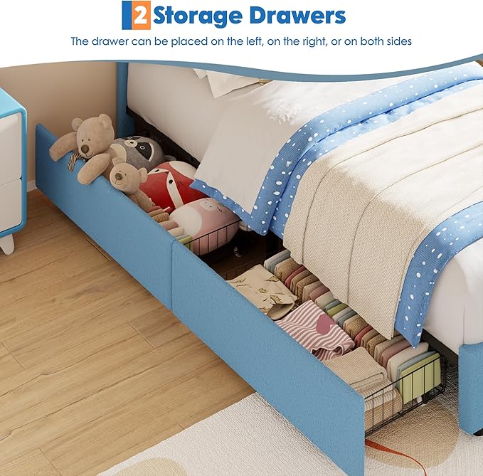 Garvee Twin Size Bed Frame with 4 Storage Drawers & LED Lights, Velvet Upholstered Platform Bed with Rainbow Headboard for Kids/Boys, Solid Wood Slats Support, No Box Spring Needed, Blue