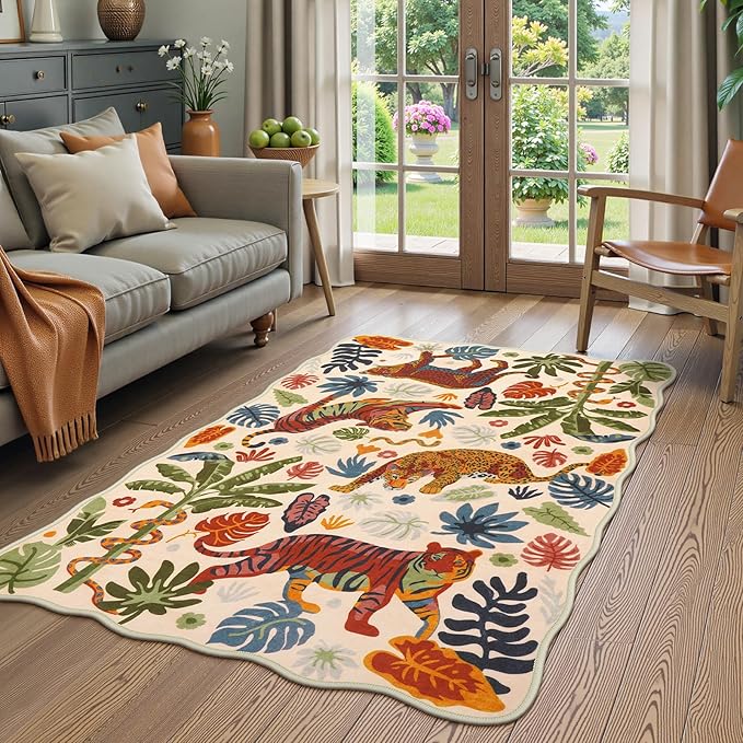 LEEVAN 3x5 Bedroom Rug Washable Tiger Kitchen Rugs Non Slip Beige Entryway Mat Scalloped Office Floor Pad Leopard Living Room Rug Low Pile Playroom Carpet Jungle Kids Mat