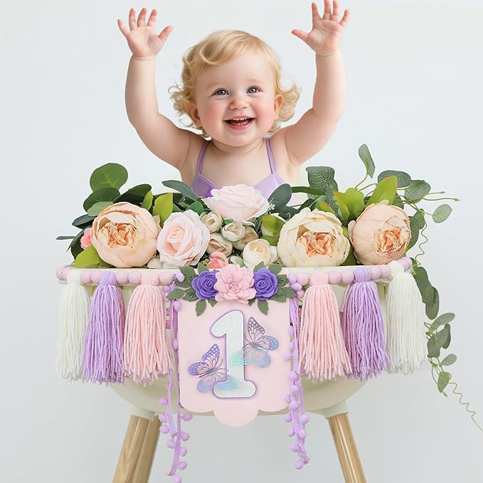 Handmade Butterfly Wildflower 1st Birthday High Chair Banner Purple Pink Floral Theme Party Decoration For Girls Wall Hangings Decorative