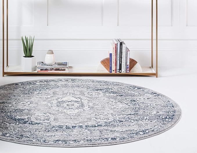 Rugs.com Charleston Collection Rug – 5 Ft Round Gray Low-Pile Rug Perfect for Kitchens, Dining Rooms