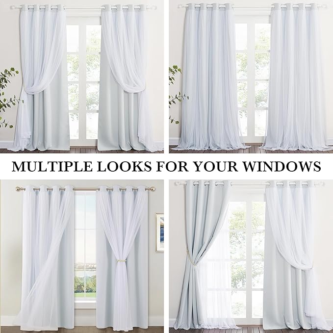 PONY DANCE White Blackout Curtains Double Layer Backdrop Curtains 84 Inches Long with Sheer Elegance Grommet Window Panels for Wedding Party Girls Bedroom with Tiebacks (52x84, Greyish White, 2 PCs)