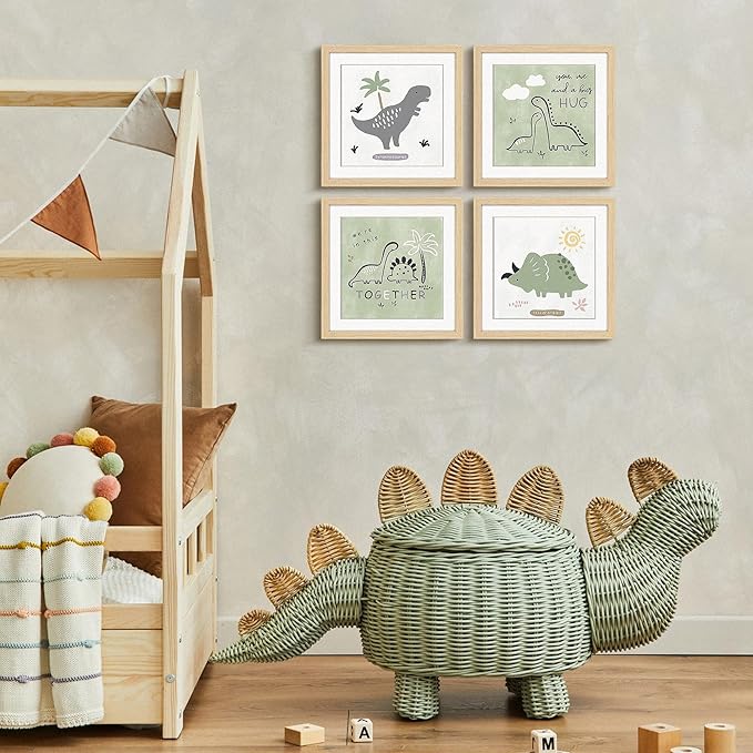 ArtbyHannah Framed Nursery Wall Decor, 10x10 inch Cute Baby Wall Art Room Decor for Kids, Safari Animals Prints with Adorable Dinosaurs Art Prints for Playroom Bedroom Baby Shower Decoration(4 Pack)