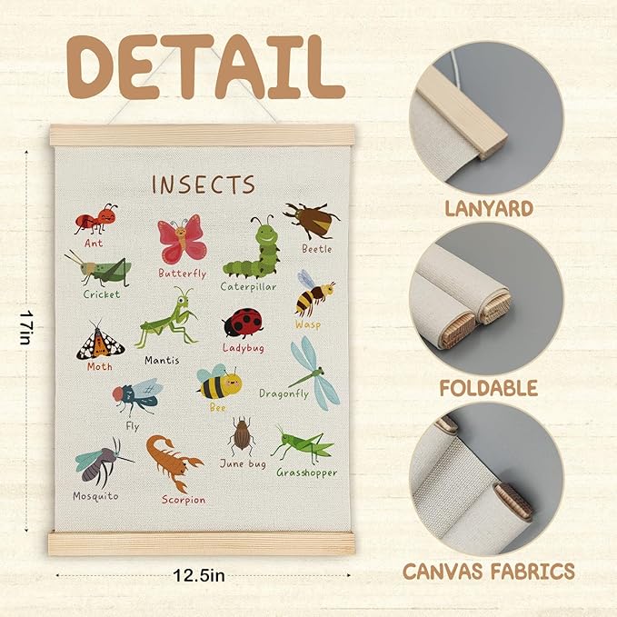 SereneHanctuary Insect Animal Wall Art,Animal Nursery Wall Decor, Boho Insects Educational Poster Hanger Frame for Toddler Kids Bedroom Nursery Playroom Classroom Decor,12x16 Inches