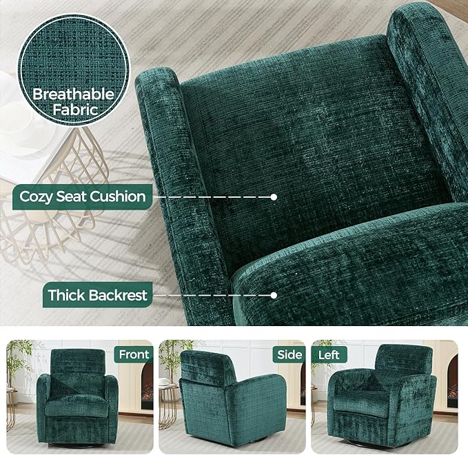 Swivel Glider Accent Chair for Living Room, Rocker Nursery Barrel Chair Armchair, Reading Chair for Adult, Comfy Upholstered Rocking Chair with 360 Degree Swiveling for Bedroom,Office, Green, Set of 2