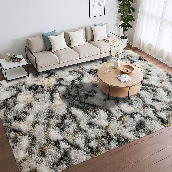 Meralax Tie-Dyed Gold and White Rugs for Living Room Bedroom, 4x6 Soft Area Rug Fluffy Shaggy Bedside Rug, Machine Washable Indoor Floor Carpet for Kids, Dorms, Nursery Rooms, Home Decor Aesthetic