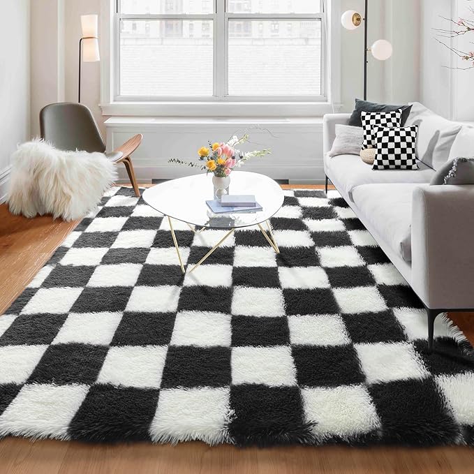 KICMOR 5x7 Rug for Living Room Bedroom, Fluffy Black and White Area Rug Fuzzy Shaggy Floor Carpets, Big Large Soft Plush Checkered Rugs for Kids Girls Boys Room Dorm Nursery, Home Decor Aesthetic