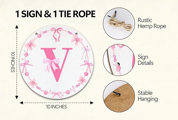 Monogram Round Sign For Front Door, Cherry Bow Theme Sign For Porch Art Wall Door, Initial Signs Hanging Ornament For Indoor Outdoor, Decorations Gifts For Four Seasons Rustic Home Kitchen, V, A22
