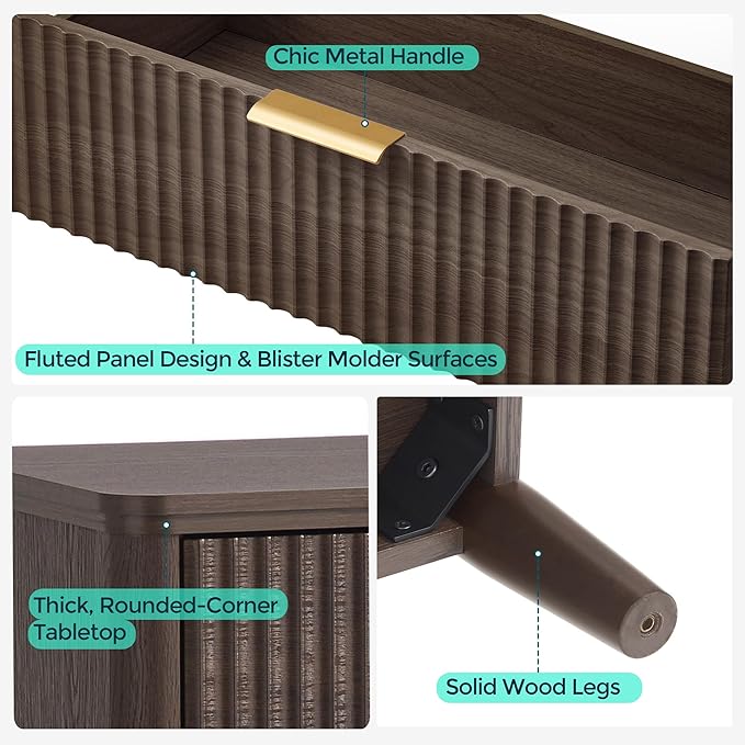 LINSY HOME Fluted 6 Drawer Double Dresser, 54" Wide Modern Chest of Drawers, Curved Profile Design, Mid Century Wood Dresser with Metal Handle for Bedroom, Living Room, Hallway, Entryway, Walnut