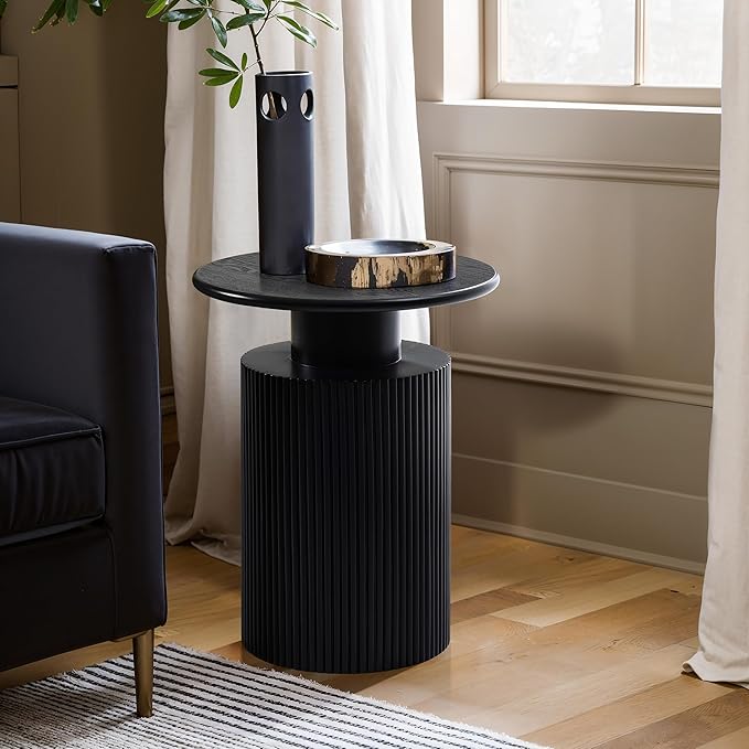 LuxenHome Black Side Table, 22" Fluted Round Side Table for Small Spaces, Modern Accent End Table for Living Room Couch, Bedroom, Bedside Table, Nightstand
