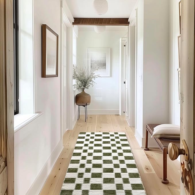EverGrace Checkered Plaid Area Rug 2x6, Soft Christmas Faux Wool Rugs Washable Anti Slip Rugs Long Runner Carpet for Entryway Bedroom Living Room Hallway Kitchen and Laundry, Olive Green