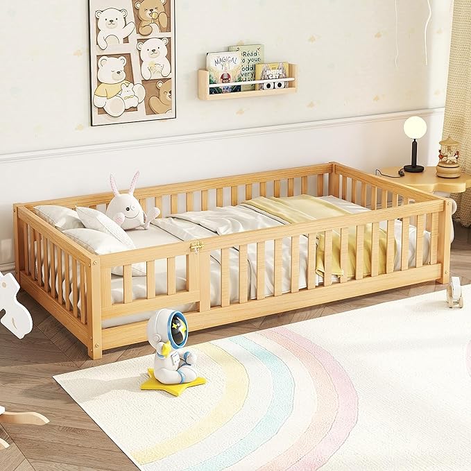 Twin Size Montessori Floor Bed with Slats, Twin Size Floor Bed with Door and Fence, Easy Assemble Montessori Beds for Girls, Boys, Natural