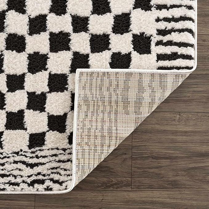 Hauteloom Leryn Contemporary Checkered Area Rug - Modern Geometric Bordered Carpet for Living Room, Bedroom - Checkboard Design - Square Tiles - High Pile - Black and White - 7'10" x 10' (8x10)