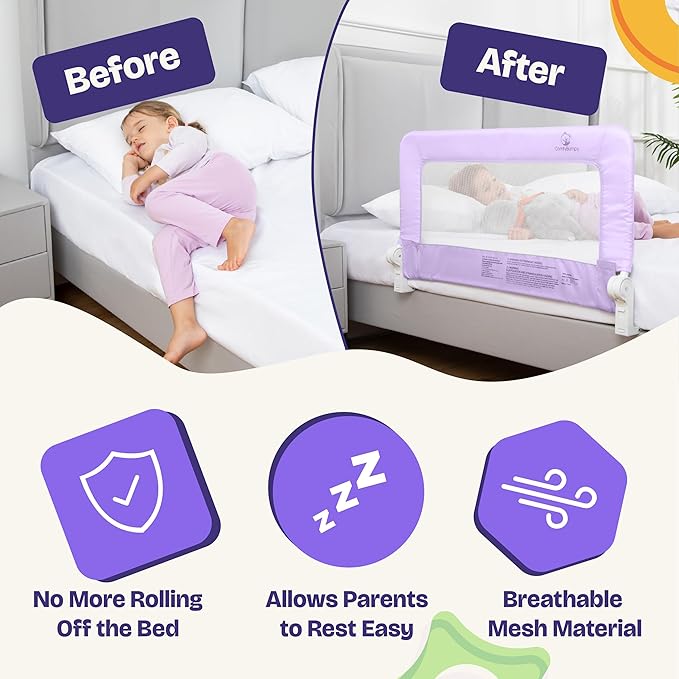ComfyBumpy 1-Pack Bed Rail for Toddlers 35.5" L x 19.5" H | Toddler Bed Rails for Twin, Full & Toddler Bed Size | Swing Down Bed Rail Guard | Baby Bed Side Rail for Kids | Purple