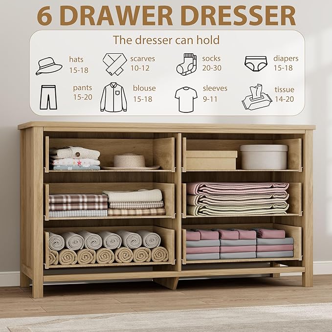 IDEALHOUSE Rattan Dresser for Bedroom with 6 Drawers, 47'' Wide Chest of Large Drawers with Large Clothes Storage Cabinet, Wood Bedroom Dresser, TV Stand for Nursery, Living Room, Hallway