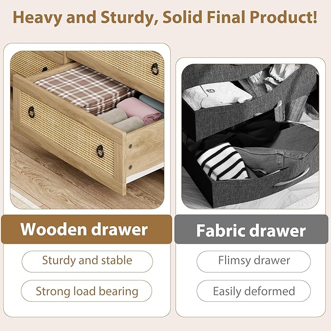IDEALHOUSE Rattan Dresser for Bedroom with 6 Drawers, 47'' Wide Chest of Large Drawers with Large Clothes Storage Cabinet, Wood Bedroom Dresser, TV Stand for Nursery, Living Room, Hallway