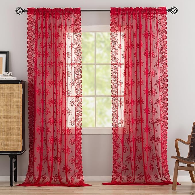 Kotile Red Sheer Lace Curtains 96 Inches Long, W52 x L96 Inch, 2 Panels Country Rustic Floral Red Lace Curtains for Living Room, Rod Pocket Privacy Light Filtering Christmas Sheer Window Curtain