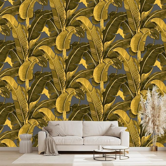 Vintage Gold Banana Leaf Bathroom wallpeper Living Room Bedroom Tropical Plant Wall Mural - 160"x108" (Not Peel and Stick)