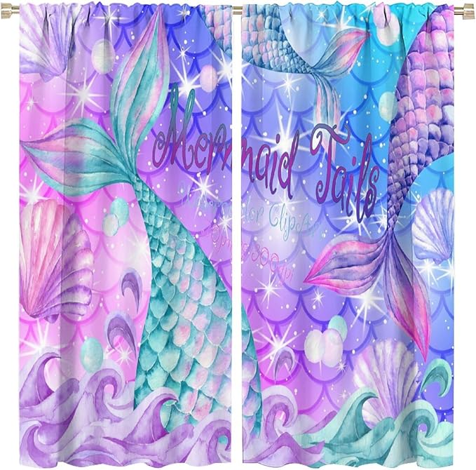 Dream Mermaid Curtain Colorful Mermaid Shell Ocean Theme Fantasy Blackout Curtains for Kids Boys Girls Bedroom Nursery Room Decor Rod Pocket Window Drapes 84x84in