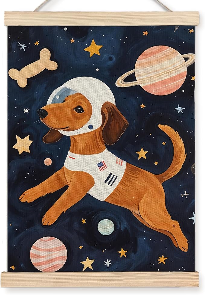 URLLUAE Astronaut Dog Space Wall Art Posters for Kids Room, Cute Outer Space Planet Poster Hanger Frame for Boys Bedroom Classroom Nursery Playroom Wall Decor, 12x16 Inch