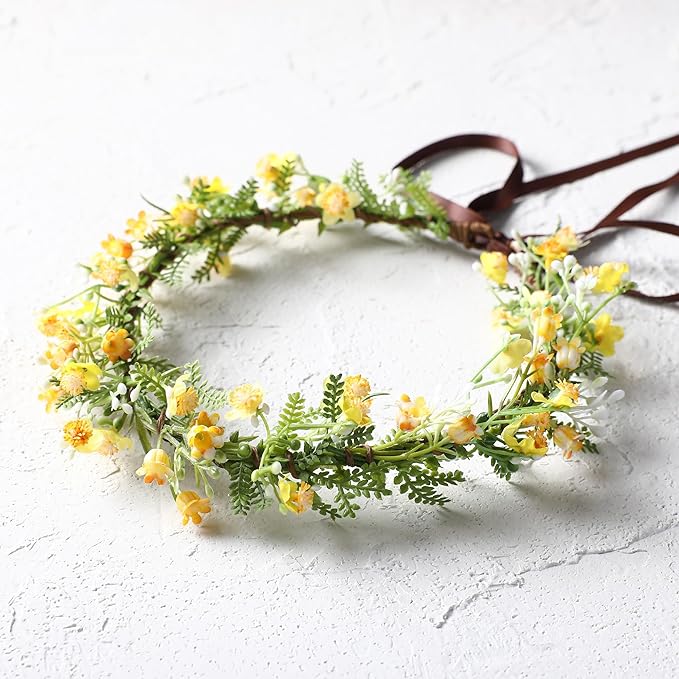 Yellow Flower Crown Headpiece - Yellow Babys Breath Flower Headband Sweet Handmade Floral Headpiece for Festival Party Vacation Cosplay Photography Props