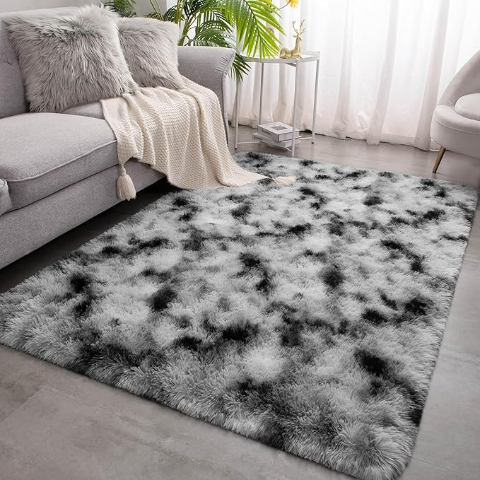 Meralax Tie-Dyed White and Black Rugs for Living Room Bedroom, 5x8 Soft Area Rug Fluffy Shaggy Bedside Rug, Machine Washable Indoor Floor Carpet for Kids Girls Boys, Dorms, Nursery Rooms, Home Decor