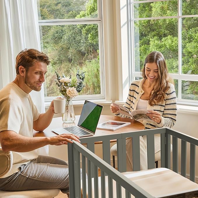 MAMAZING EvoNook 6-in-1 Convertible Mini Crib, 100% New Zealand Pinewood, 4 Adjustable Mattress Heights, Grey