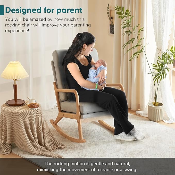 JOYBASE Rocking Chair, Nursery Glider Rocker Chair, Nursing Rocking Accent Chair, Modern Comfy Lounge Armchair with High Backrest for Indoor, Living Room, Bedroom, Nursery (Light Grey, Linen)