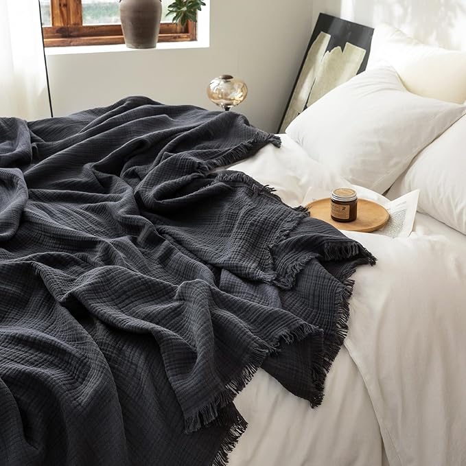 FOSSA Muslin Blanket with Fringe - 4-Layer 100% Cotton Gauze Super Soft & Breathable Throw -Lightweight Decorative Cooling Blanket for Bed, Sofa, Office (Dark Gray, Queen (90" × 90"))