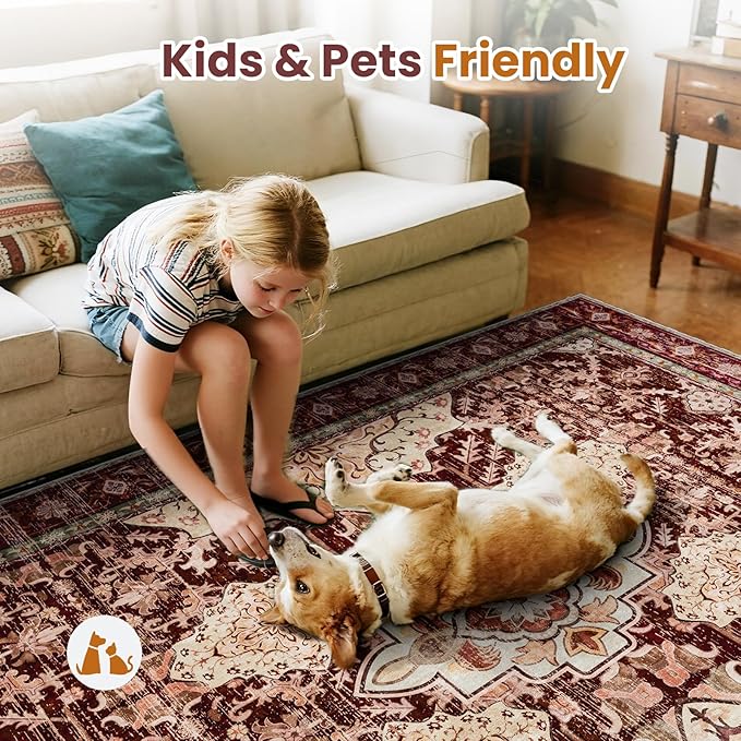 AMTOVO 2x3 Washable Entryway Area Rug Door Mat, Vintage Boho Distressed Print Pattern Non-Slip Carpet, Small Throw Rug for Indoor Entrance Kitchen Bedroom Bathroom Laundry Floor, Vintage Red