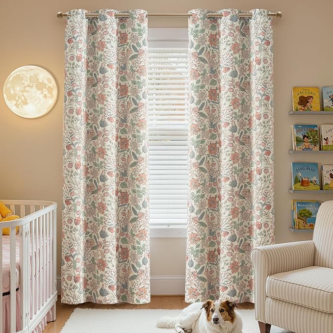 jinchan Nursery Curtains 95% Blackout Pink 90 Inch Long, Spring Floral Curtains for Girls Room, Farmhouse Country Drapes for Living Room, Room Darkening Window Treatments Grommet Top Set 2 Panels