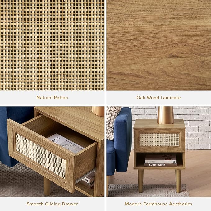 mopio Haylee Rattan Side Table, Small Accent Tables for Living Room, Mid Century Modern Night Stand, Bedside Tables, Wood Nightstands for Bedroom (Oak, Single)