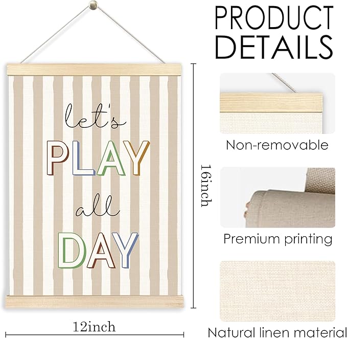 BESERH Boho Neutral Playroom Wall Art Posters, Play Room Wall Decor, Let's Play All Day Canvas Prints Artwork Framed for Toddler Kids Playroom Bedroom Nursery, 12x16 Inch