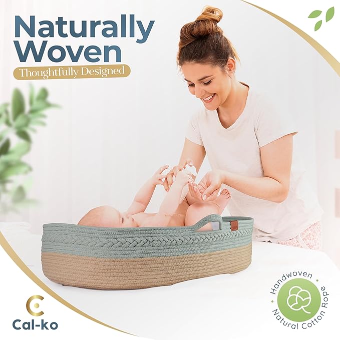 Moses Basket for Newborns – Baby Changing Basket with Waterproof Pad – Reinforced Mesh Sides – Includes Travel Case – Portable Diaper Basket for Dresser Top or Nursery Use (Cotton, Teal)