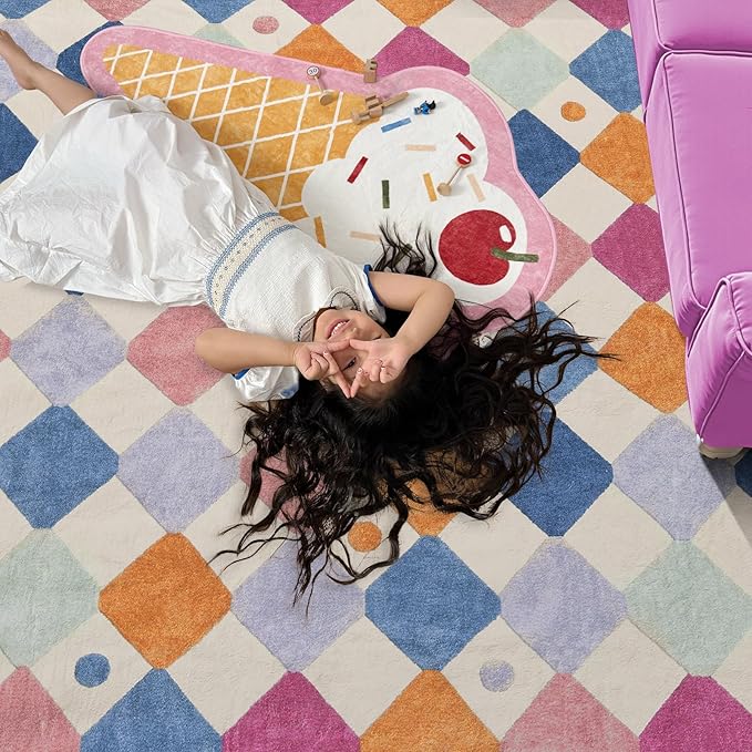 jinchan Macy Runner Rug 2x5 Kids Hallway Washable Rug Indoor Soft Non Slip Modern Diamond Carpet for Nursery Room Bedroom Kitchen Laundry Room Berries on Cream