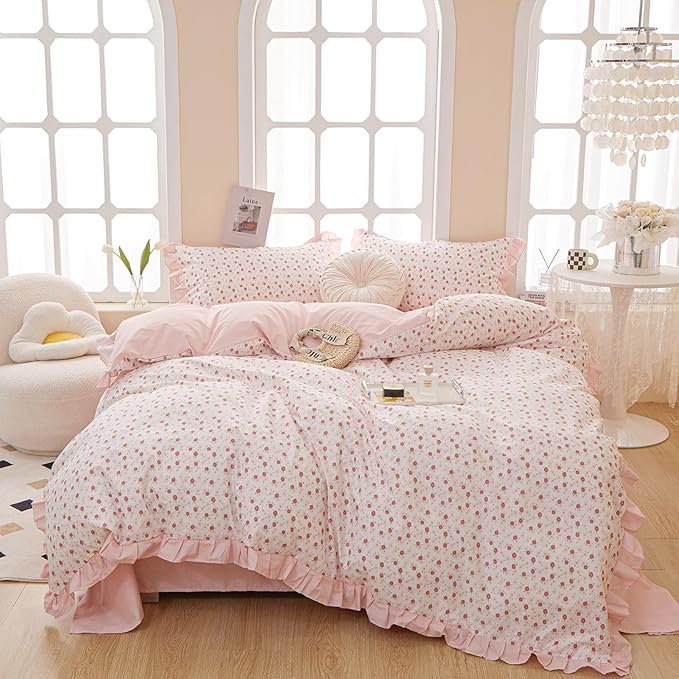 Ruffle Duvet Cover Queen Cute Red Flower Printed Lace Comforter Cover 100% Cotton Floral Duvet Cover Reversible Pink Striped Ruffle Comforter Cover Teen Girls Romantic Princess Bedding Sets Queen