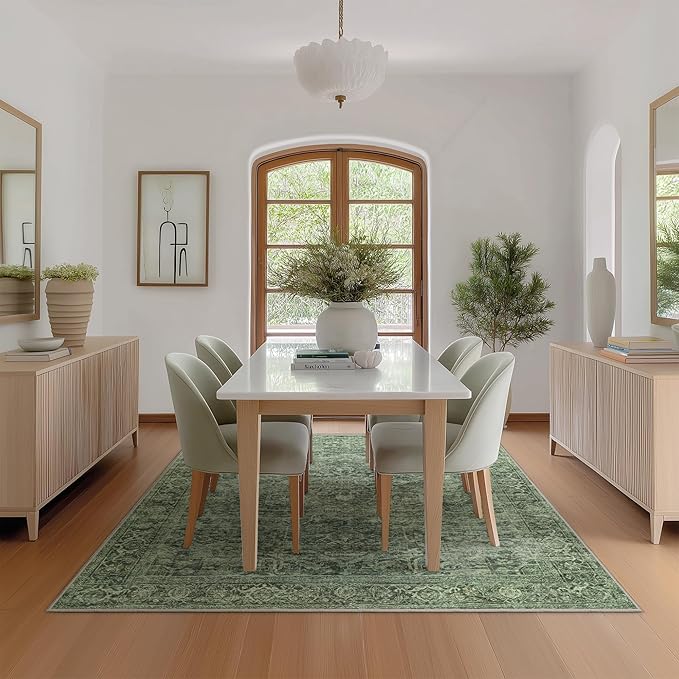 FMFUNCTEX 5x7 Washable Area Rug Green Neutral Vintage Distressed Oriental Non Slip Low Pile Traditional Indoor Carpet for Living Room Bedroom Soft Retro Throw Rug for Dining Office Kitchen Entryway
