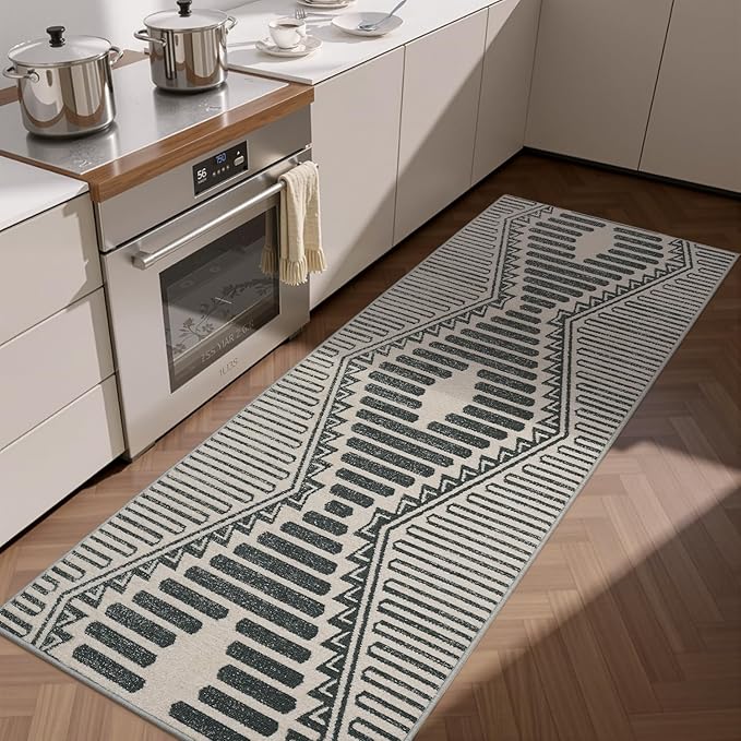 Charcoal Grey Boho 2x6 ft Runner Textured Tufted Rugs for Hallway Kitchen Bedroom Entryway Long Non Slip-Carpet Washable Neutral Modern Geometric Moroccan Aztec Rug