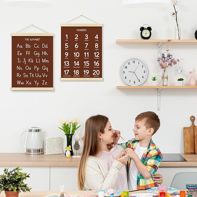 BONETAT Numbers alphabet poster for Nursery Toddlers,Correct Letter Formation on Line Paper, Play Room Wall Decor,ABC Wall Chart,Preschool Homeschool Decor Kids Wall Decor,Wooden Alphabet Banner-A09