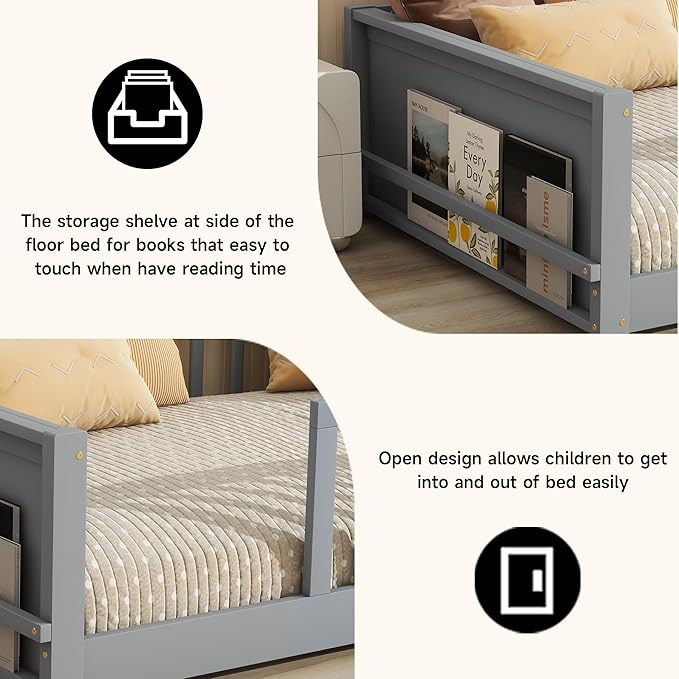 Twin Toddler Floor Bed with High Rails, Wooden Montessori Bed Frame with Built-in Book Rack, Twin Size Bed Frame for Kids, Boys and Girls, Grey