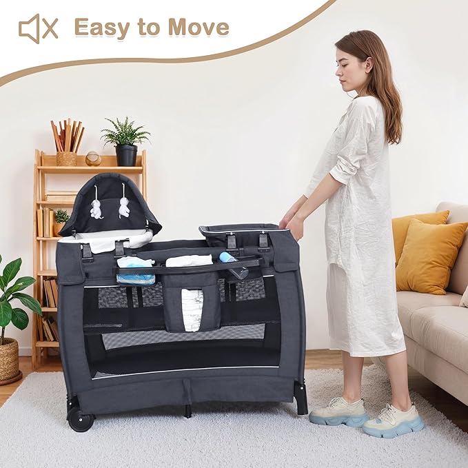4 in 1 Multifunctional Pack and Play, Foldable Baby Playards with Changing Table & Breathable Mesh, Baby Playpen for Babies and Toddlers, Grey
