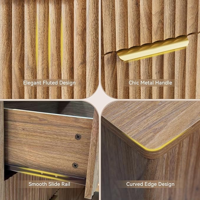 CARPETNAL Fluted 9 Drawer Dresser for Bedroom, 55" Wide Wooden Chest of Drawers with Rounded Corners, Gold Handles, Modern Storage Organizer for Bedroom, Hallway(Walnut)