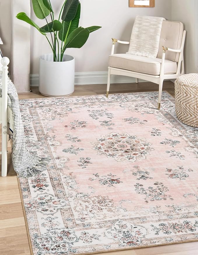 Lahome Washable 6x9 Area Rugs for Living Room, Vintage Floral Pink Large Rug for Nursery Girls Bedroom, Non Slip Lightweight Foldable Carpet for Apartment Dorm Home Office Decor