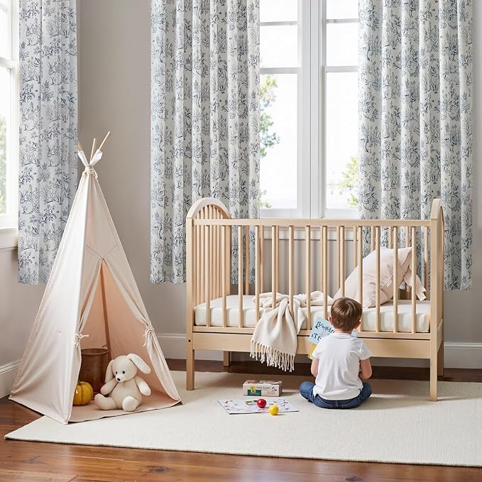jinchan Blackout Nursery Curtains 72 Inches Long, Bunny Woodland Toile Curtains Blue on Beige Animal Printed Drapes for Bedroom Rod Pocket Thermal Insulated Farmhouse Window Treatment 2 Panels