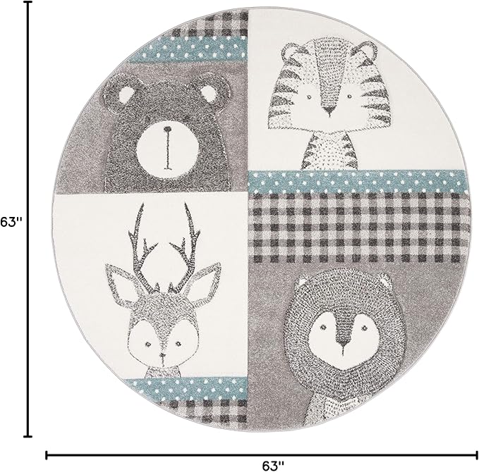 SAFAVIEH Carousel Kids Collection Area Rug - 5'3" Round, Grey & Ivory, Animal Design, Non-Shedding & Easy Care, Ideal for High Traffic Areas for Boys & Girls in Playroom, Nursery, Bedroom (CRK188B)