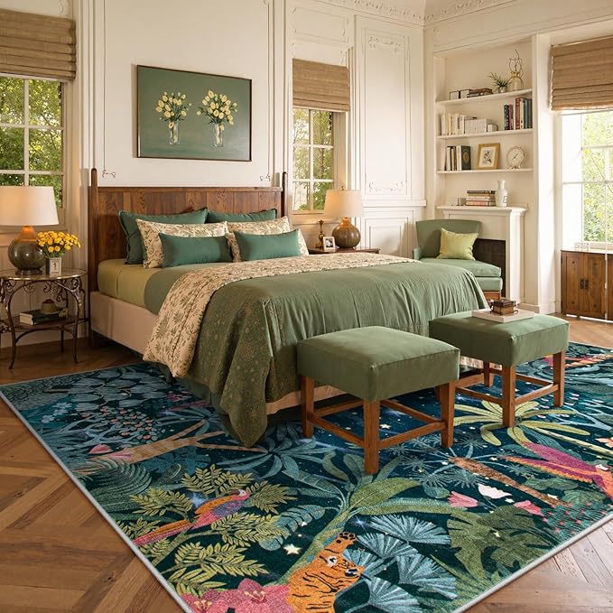 Lahome Midnight Jungle Rug, 9x12 Green Forest Living Room Dining Room Rug, Washable Large Carpte for Bedroom Classroom Non Slip Non Shedding Floor Carpet for Guestroom Office