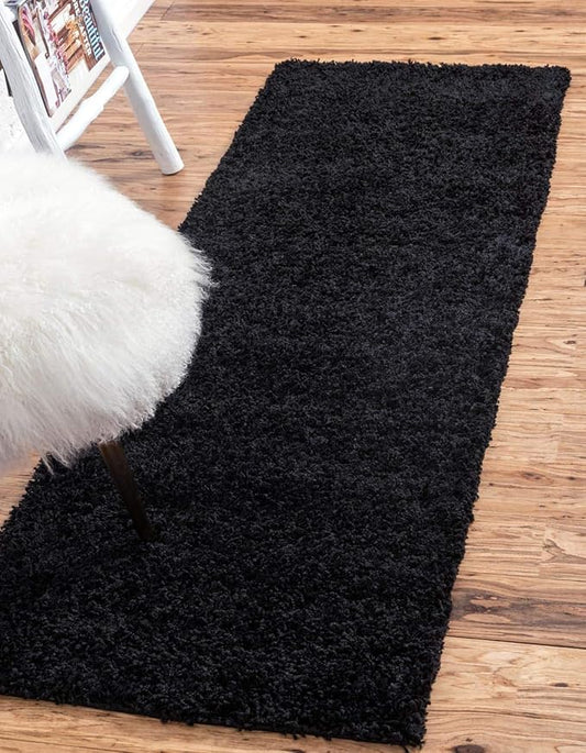 Unique Loom Solid Shag Collection Area Rug (2' 6" x 13' 1" Runner, Jet Black)
