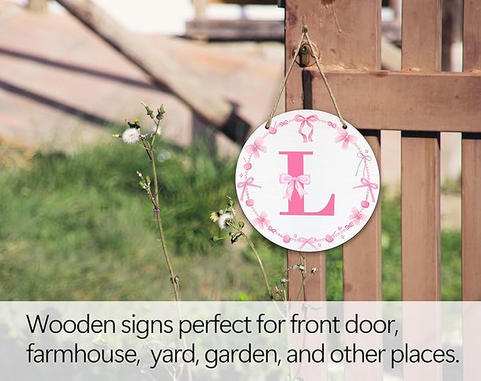 Monogram Round Sign For Front Door, Cherry Bow Theme Sign For Porch Art Wall Door, Initial Signs Hanging Ornament For Indoor Outdoor, Decorations Gifts For Four Seasons Rustic Home Kitchen, L, A12