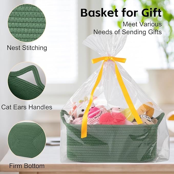 OIAHOMY Woven Basket, Gift Basket Empty with Gift Bags and Ribbons, Rope Baskets for Baby Showers, Storage Baskets with Handles for Nursery, Pet Toy Organizer - Olive Green